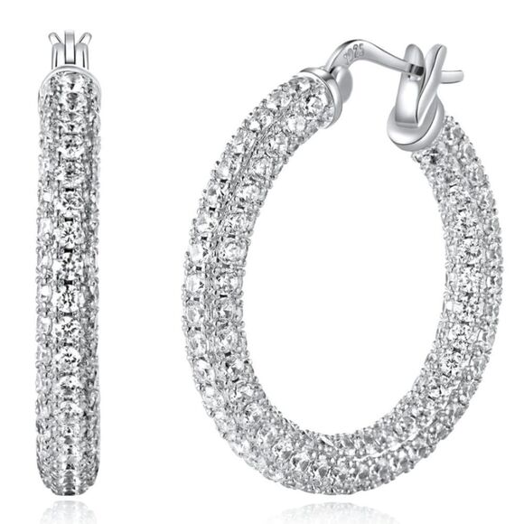 14K White Gold Sterling Silver with White Diamond Cubic Zirconia Hoop Earrings - Picture 1 of 6
